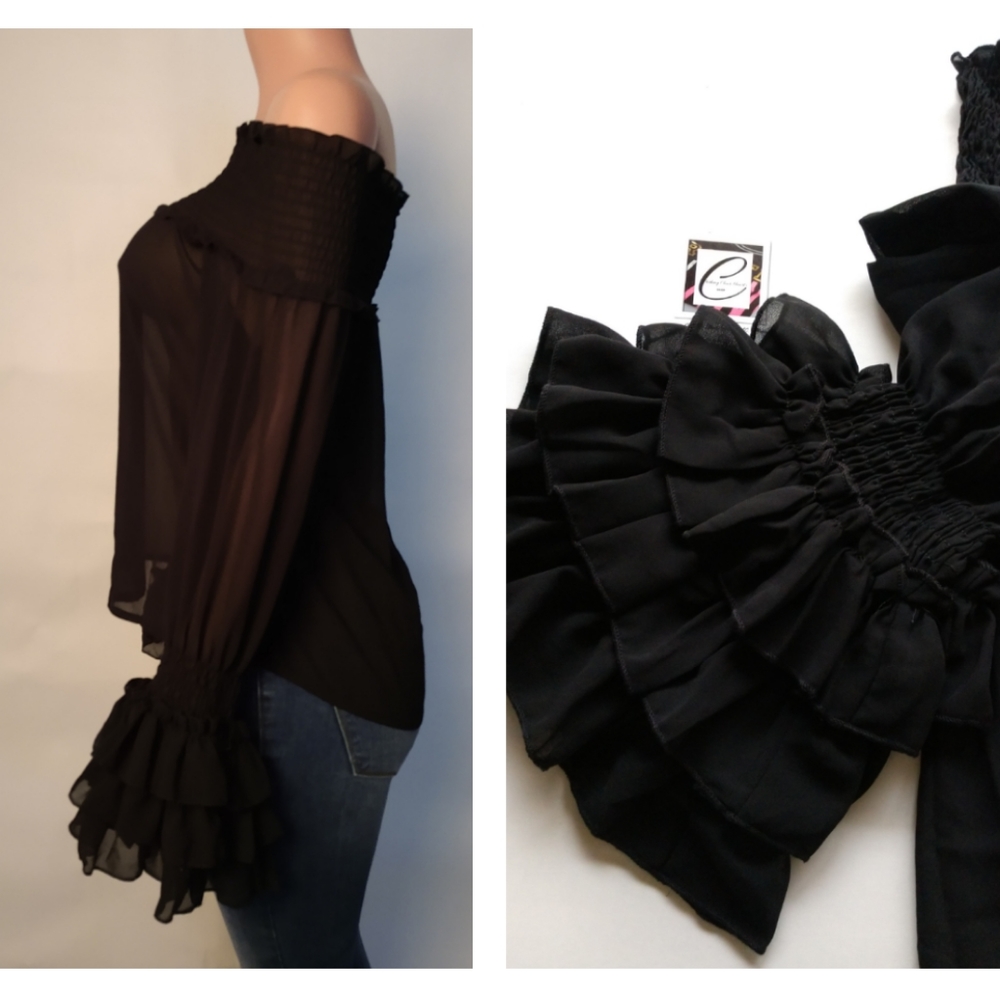 Chiffon Off-Shoulder Blouse for Women – Tiered Cuff Long Sleeves